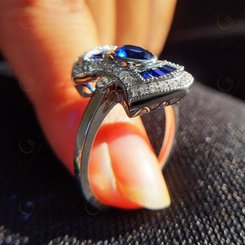 Antique Cocktail Ring, Sapphire And CZ Diamond Unique Rings For Women, Art Deco Milgrain Engagement Ring, Vintage Estate Jewelry Rings