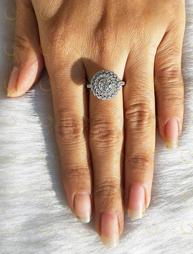 Moissanite Edwardian Ring, Big Cocktail Ring, Vintage Filigree Ring, Art Deco Engagement Ring, White Gold Vintage Ring, Unique Rings Women