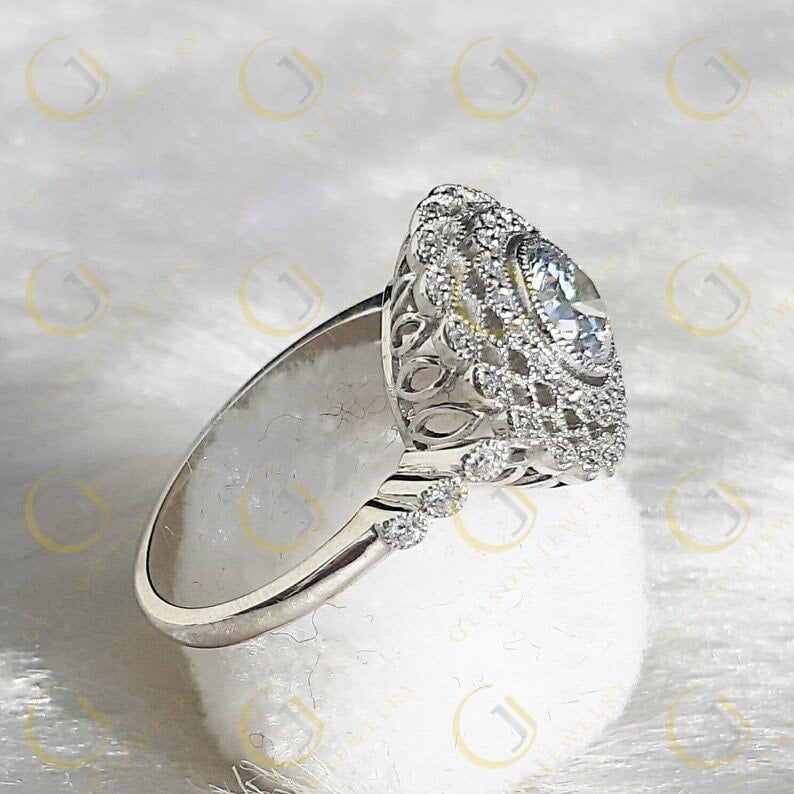 Moissanite Edwardian Ring, Big Cocktail Ring, Vintage Filigree Ring, Art Deco Engagement Ring, White Gold Vintage Ring, Unique Rings Women