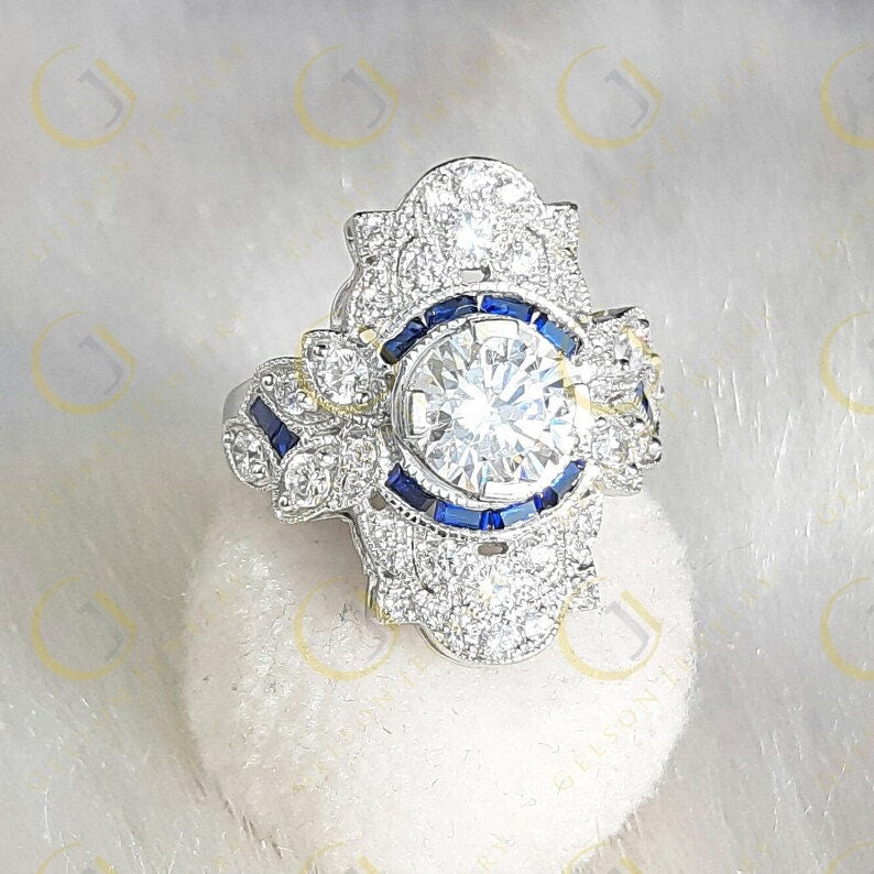 Antique Edwardian Ring, Estate Cocktail Ring, Moissanite Celebrity Style Ring, Large Vintage Engagement Ring, Unique Art Deco Womens Ring