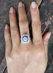 Sapphire Target Ring, Double Halo Engagement Ring, Vintage Milgrain Ring, Unique Art Deco Ring For Women, Moissanite Bezel Set Round Ring