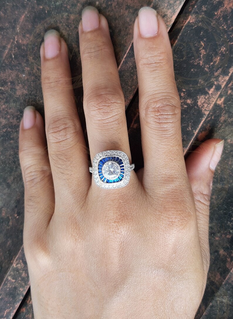 Sapphire Target Ring, Double Halo Engagement Ring, Vintage Milgrain Ring, Unique Art Deco Ring For Women, Moissanite Bezel Set Round Ring