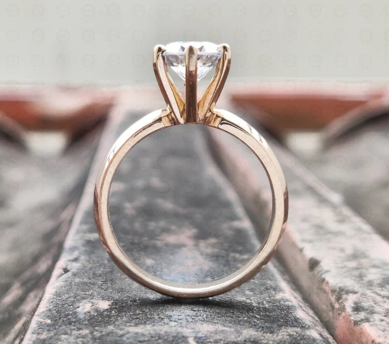 Knife Edge Solitaire Ring, Round Moissanite Engagement Ring, High Profile Ring, Moissanite Solitaire Ring, Rose Gold Promise Rings For Women