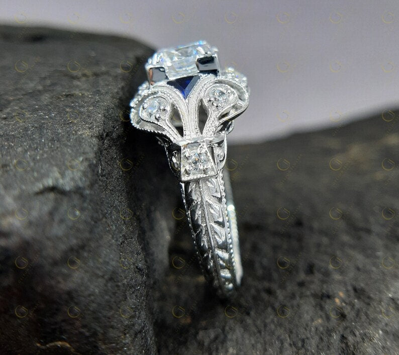 Antique Edwardian Ring, Vintage Moissanite Engagement Ring, Unique Art Deco Ring, Estate Jewelry Rings For Women, Engraved Filigree Ring
