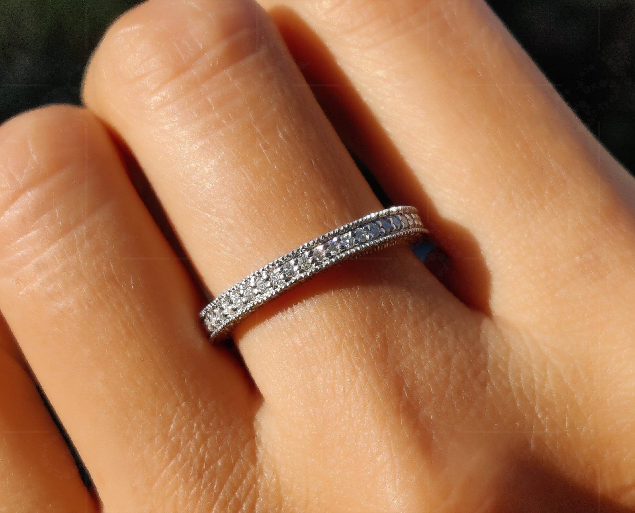 Elegant Brilliance: Half Eternity Wedding Bands for Women – Embrace the Sparkle of a 3-Sided Pave Moissanite Band with Milgrain Dot Detailing, Perfect for Stackable Rings and an Art Deco Vintage Anniversary Band