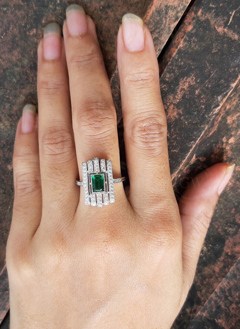 Edwardian Emerald Ring, May Birthstone Engagement Ring, Art Deco Milgrain Ring, Vintage Estate Rings For Women, Unique Green Gemstone Ring