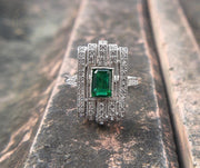 Edwardian Emerald Ring, May Birthstone Engagement Ring, Art Deco Milgrain Ring, Vintage Estate Rings For Women, Unique Green Gemstone Ring