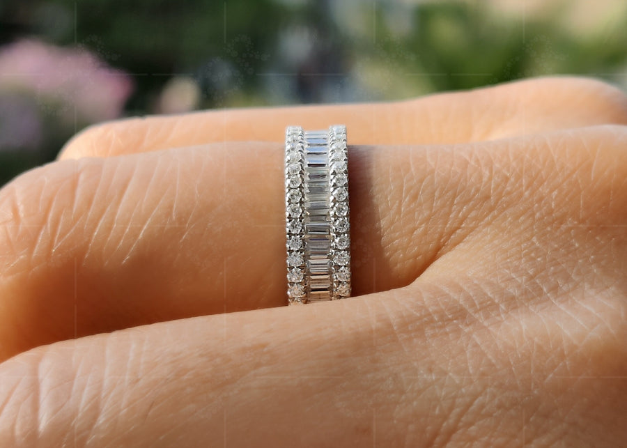 Moissanite Baguette and Round Wedding Bands for Women: Channel Set Anniversary Rings with 3 Rows for Bridal Matching