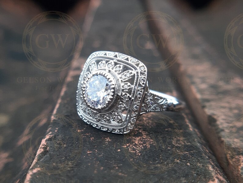 Art Deco Vintage Ring, Edwardian Style Ring, Art Deco Engagement Ring, Unique Moissanite Ring, Estate Rings For Women, Cocktail Ring