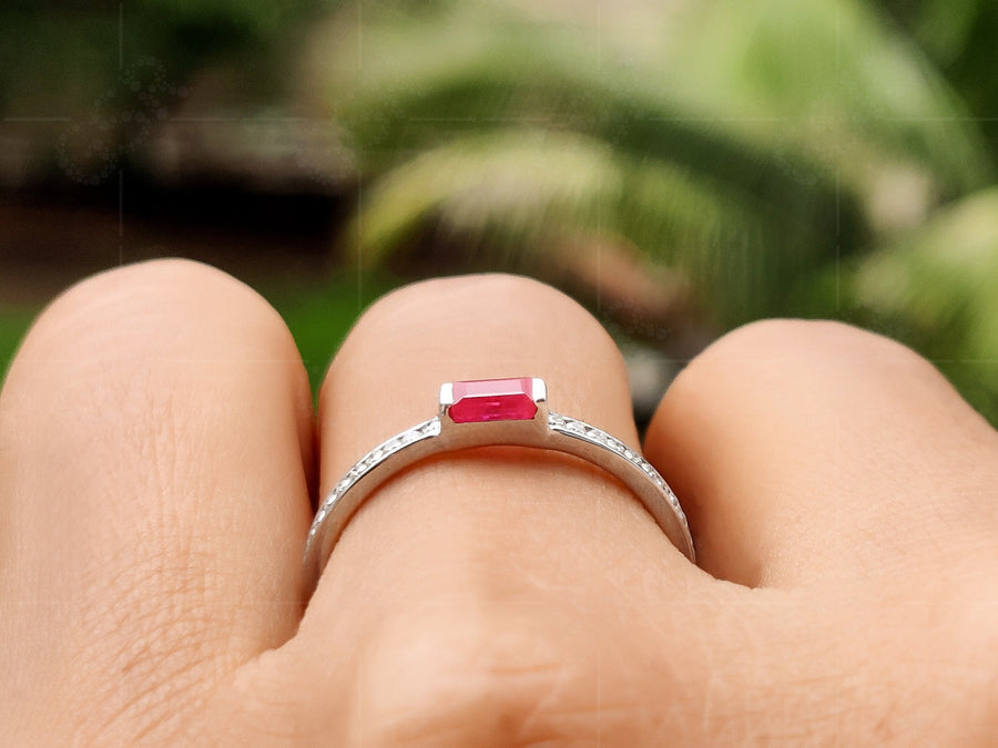 Dainty Ruby Baguette Stacking Ring - July Birthstone Ring for Women, Minimalist and Delicate Ruby Gemstone Ring, Perfect for Stacking