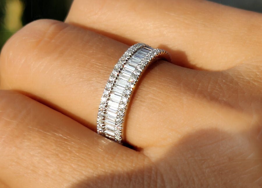 Moissanite Baguette and Round Wedding Bands for Women: Channel Set Anniversary Rings with 3 Rows for Bridal Matching