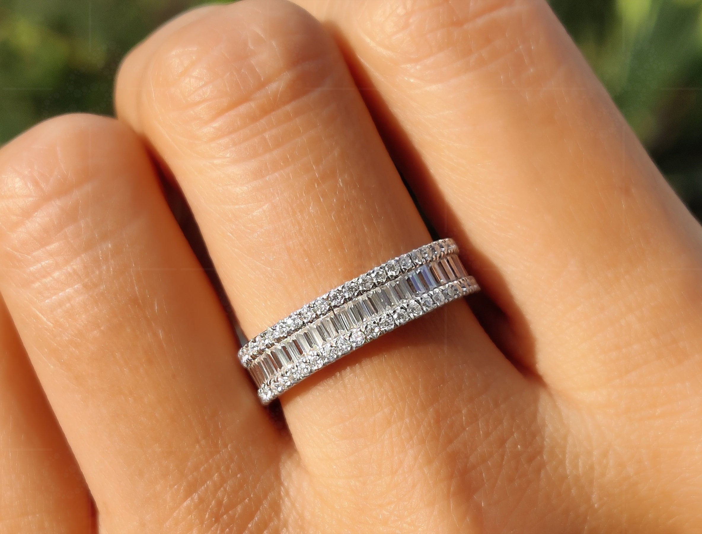 Moissanite Baguette and Round Wedding Bands for Women: Channel Set Anniversary Rings with 3 Rows for Bridal Matching
