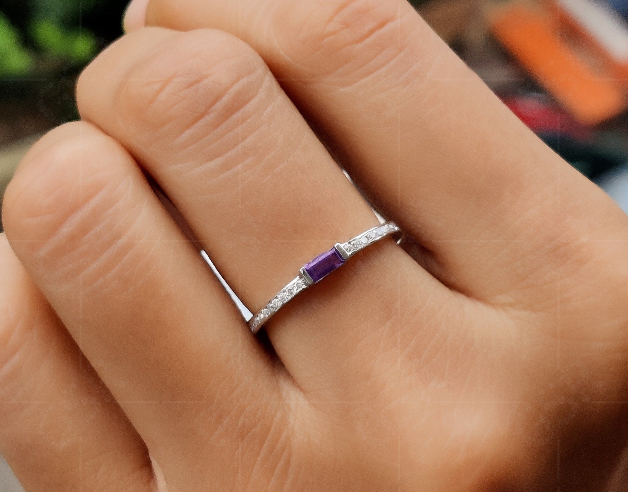 Radiant Purple: Silver and Gold Baguette Amethyst Ring - Dainty Stacking Ring for Women - February Birthstone Ring