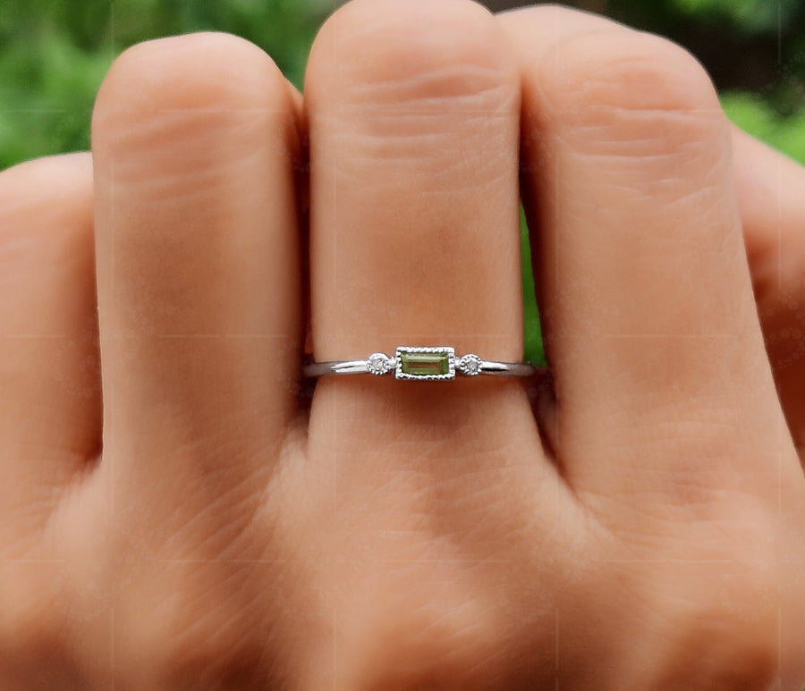 Peridot Perfection: Dainty Silver and Gold August Birthstone Ring Stack - Stacking Peridot Minimalist Ring, Thin Baguette Stackable Ring, Ring For Mom