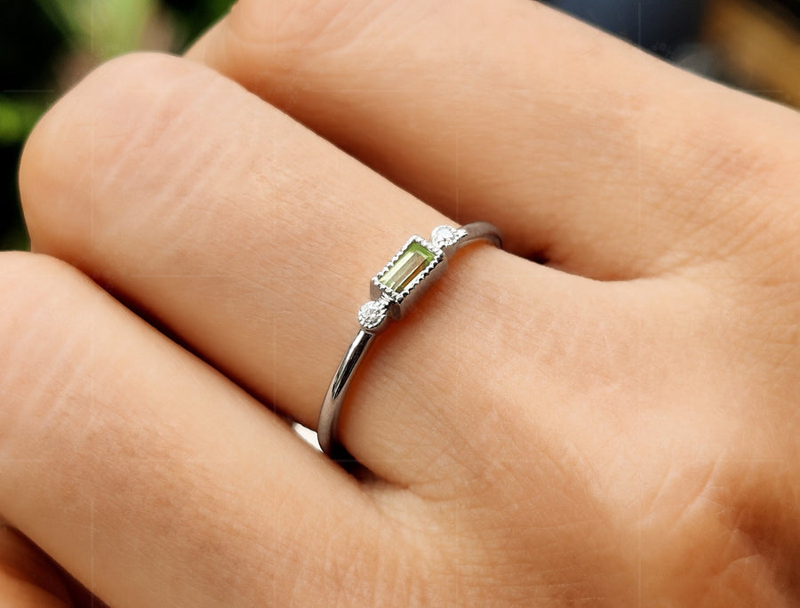 Peridot Perfection: Dainty Silver and Gold August Birthstone Ring Stack - Stacking Peridot Minimalist Ring, Thin Baguette Stackable Ring, Ring For Mom