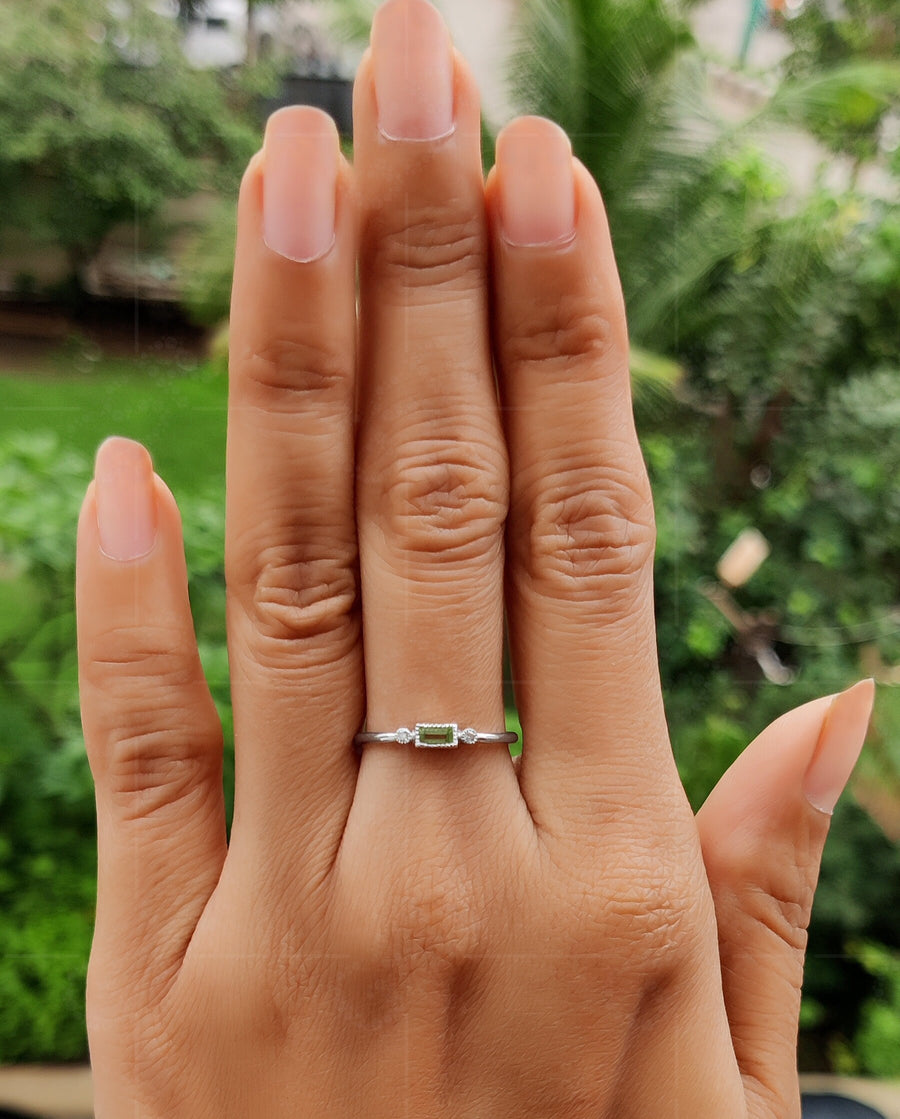 Peridot Perfection: Dainty Silver and Gold August Birthstone Ring Stack - Stacking Peridot Minimalist Ring, Thin Baguette Stackable Ring, Ring For Mom