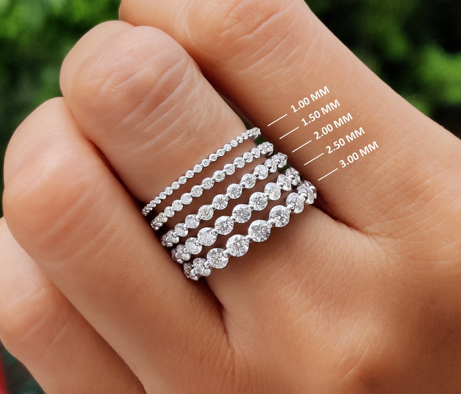 Elegant Floating Bubble Wedding Band for Women - Single Prong Set Full Eternity Band with Floating Moissanite - Bridal Round Stone Stacking Ring