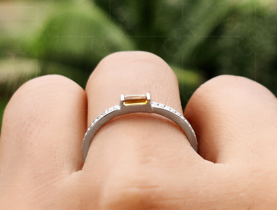 Sunny Glow: Citrine November Birthstone Ring for Women - Yellow Gemstone Baguette Ring, Dainty Personalized Stackable Ring, Minimalist Jewelry