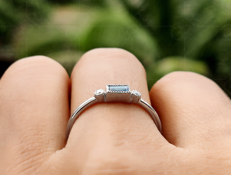 March Birthstone Elegance: Minimalist Baguette Aquamarine Ring for Mom