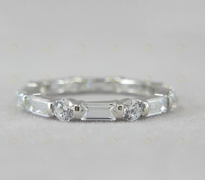 Alternating Band, Baguette And Round Full Eternity Band, Bridal Wedding Bands Women, Moissanite Stackable Ring, Anniversary Matching Band