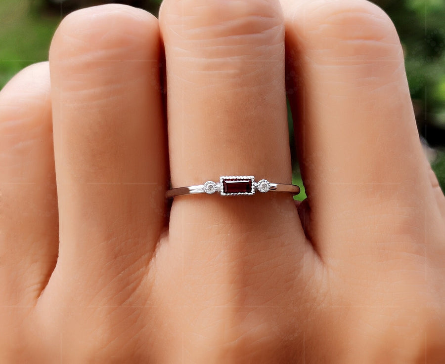 January Birthstone Beauty: Dainty Baguette Garnet Stacking Ring for Mom