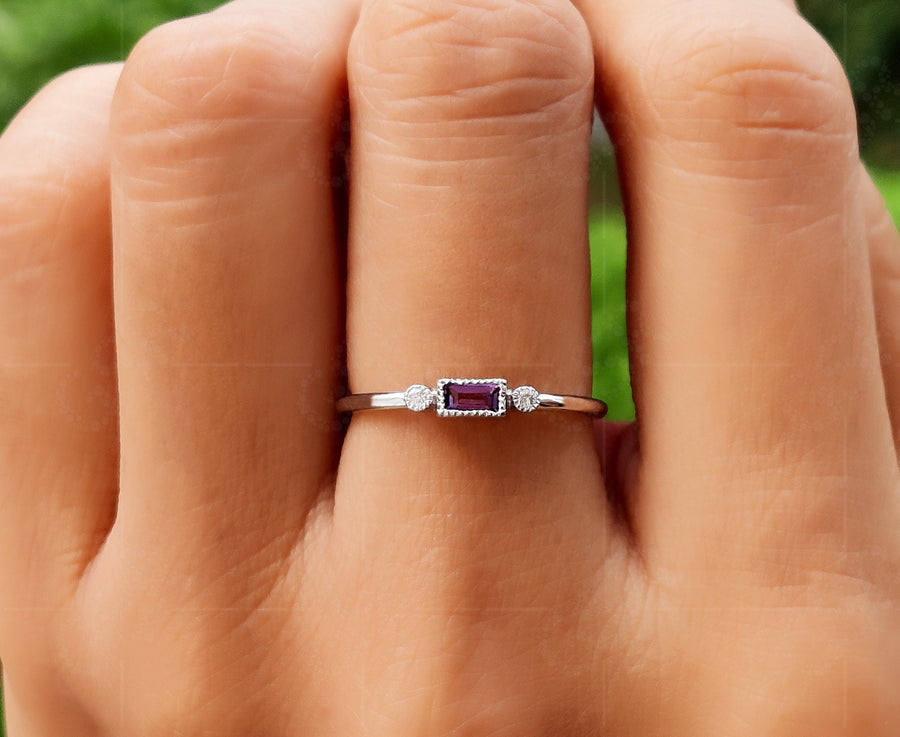 Elegance in Purple: Dainty Amethyst Baguette Ring - A Delicate February Birthstone Ring for Women