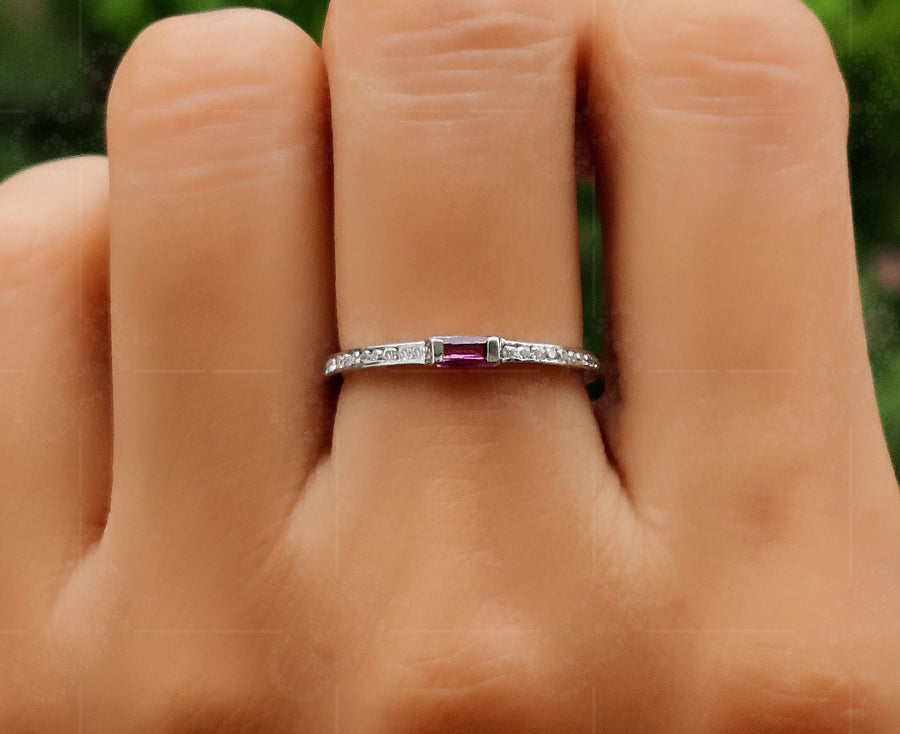 Rhodolite Garnet Baguette Ring - Dainty Minimalist Women's Ring - Birthstone Stackable Ring - Gemstone Ring For Mom