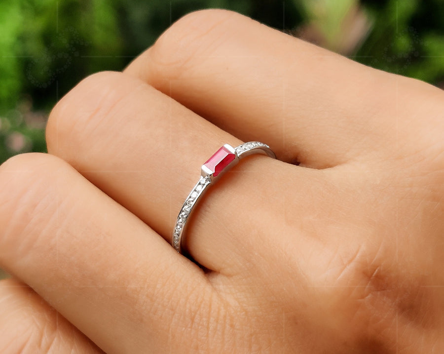 Dainty Ruby Baguette Stacking Ring - July Birthstone Ring for Women, Minimalist and Delicate Ruby Gemstone Ring, Perfect for Stacking