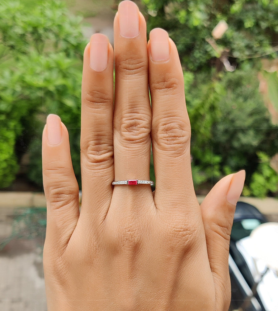 Dainty Ruby Baguette Stacking Ring - July Birthstone Ring for Women, Minimalist and Delicate Ruby Gemstone Ring, Perfect for Stacking