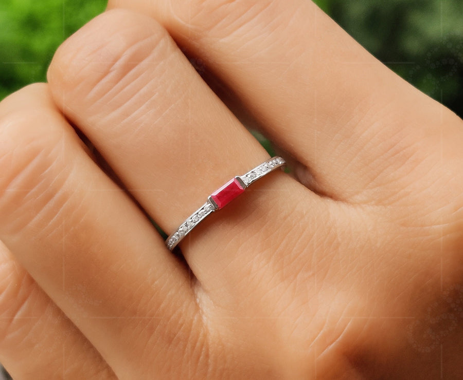 Dainty Ruby Baguette Stacking Ring - July Birthstone Ring for Women, Minimalist and Delicate Ruby Gemstone Ring, Perfect for Stacking