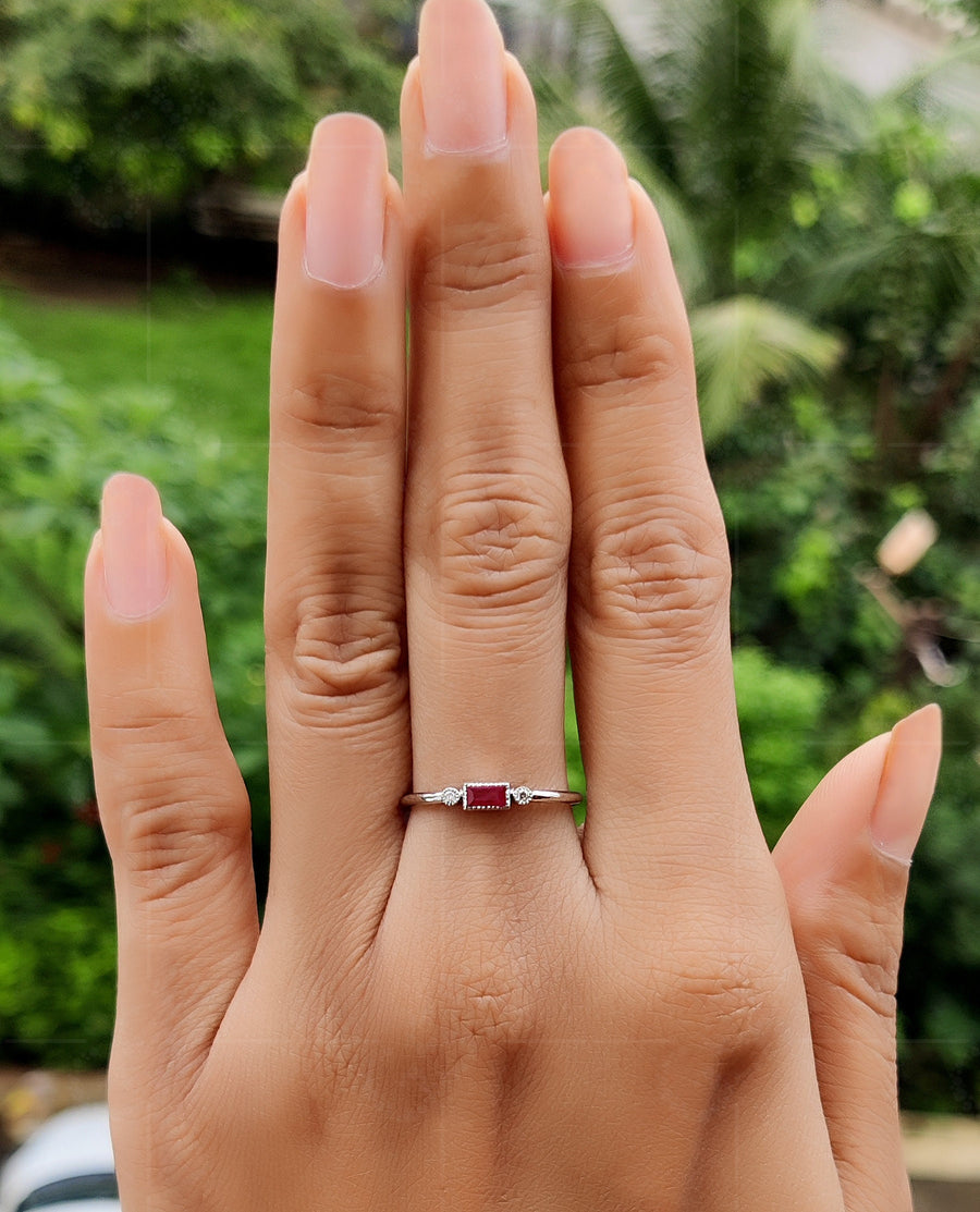 Stackable Ruby Baguette Ring - July Birthstone Minimalist Jewelry