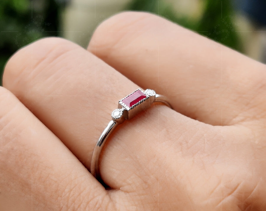 Stackable Ruby Baguette Ring - July Birthstone Minimalist Jewelry