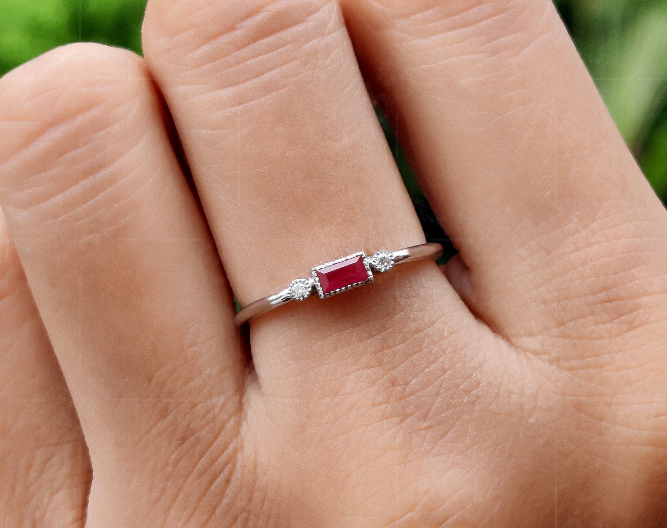 Stackable Ruby Baguette Ring - July Birthstone Minimalist Jewelry