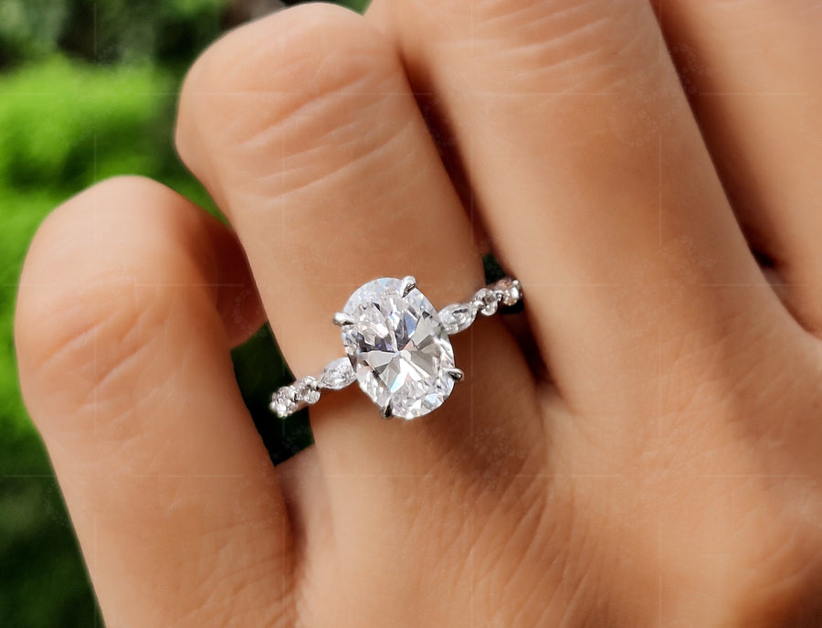 Elongated Oval Cut Solitaire Engagement Ring With Side Stones, Moissanite Oval Cut Ring, Floating Marquise And Round Band, Hidden Halo Ring