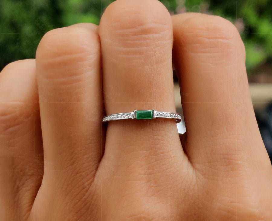 Baguette Emerald Stacking Ring - May Birthstone Minimalist Ring - Silver and Gold Dainty Gemstone Ring for Women - Simple Stackable Ring