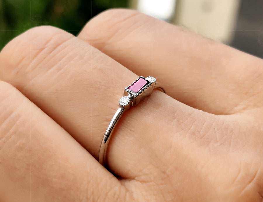 Rhodolite Garnet Women's Baguette Stacking Ring - Dainty Birthstone Stackable Ring for Mom