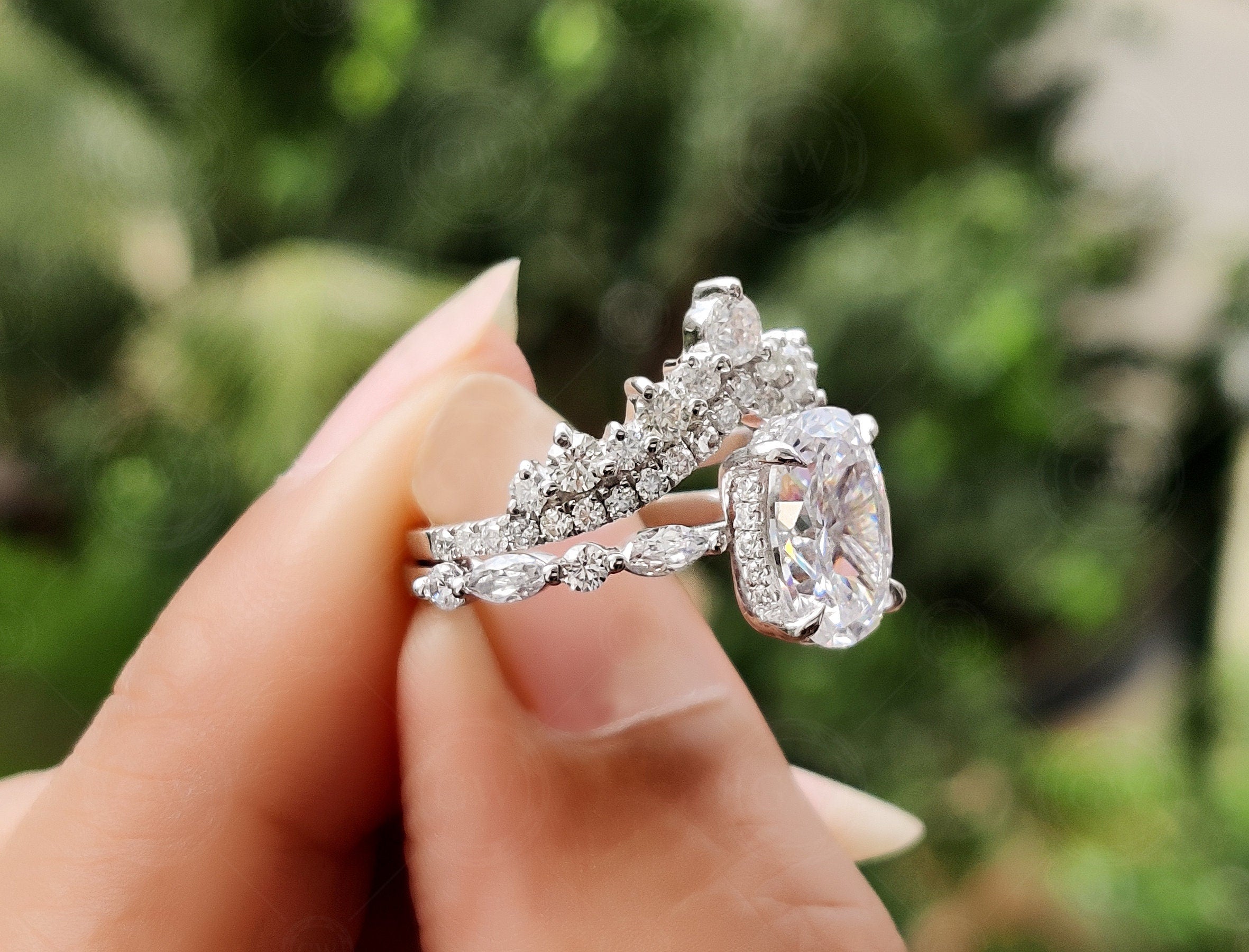 Moissanite Elongated Oval Cut Solitaire Engagement Ring Set, Matching V Shaped Wedding Band Set, Art Deco Bridal Rings, Floating Band Ring
