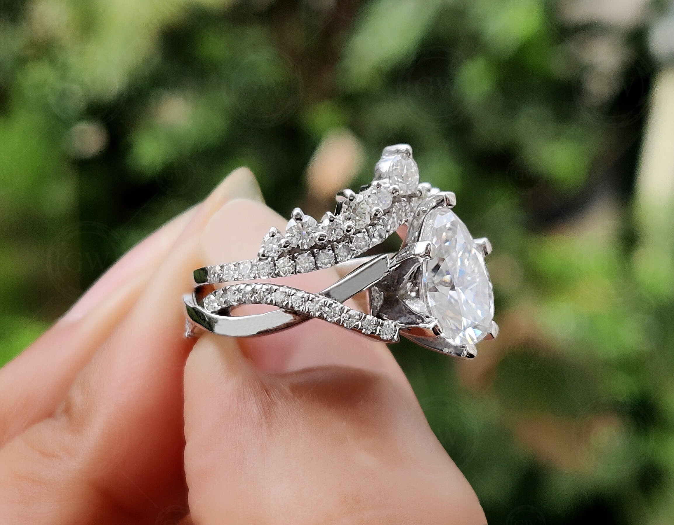 Moissanite Art Deco Pear Shape Engagement Ring Set, Unique Bridal Wedding Ring Sets For Women, Matching Crown Band, Twisted Band Ring
