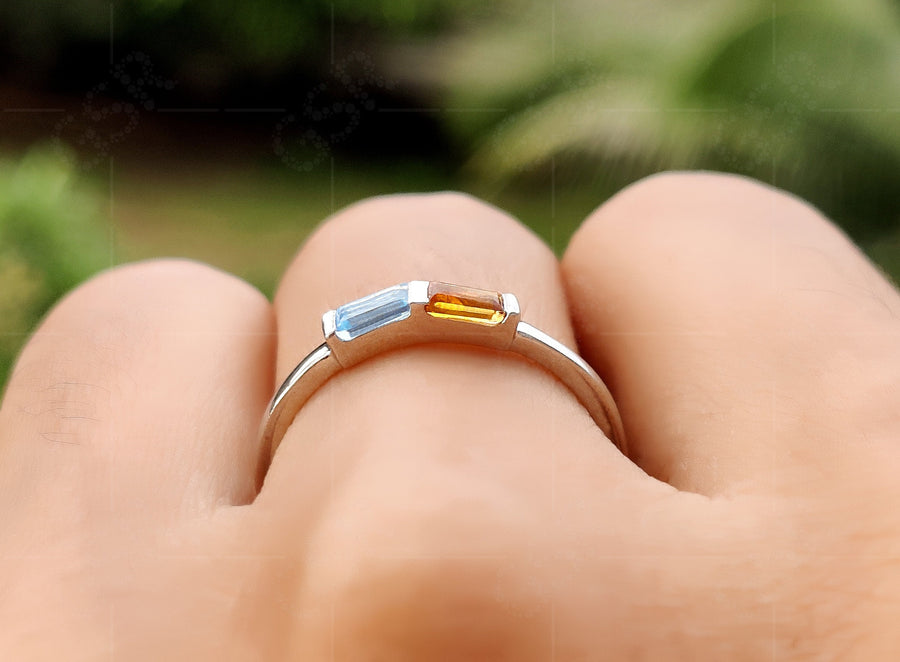 Citrine and Aquamarine Baguette Ring - Toi Et Moi Birthstone Ring - Dainty Stacking Ring - Two Stone Birthstone Minimalist Ring for Women