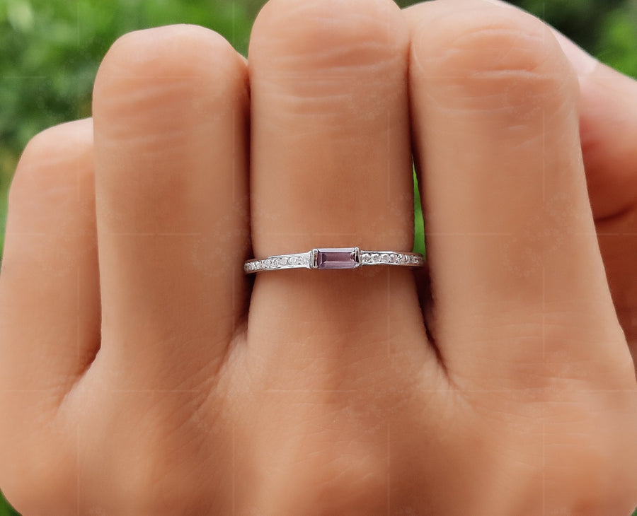 Elegant Baguette Stacking Ring - Alexandrite Birthstone Beauty - Dainty Stackable Ring, a Minimalist Birthstone Ring and Thoughtful Anniversary Gift for Mom