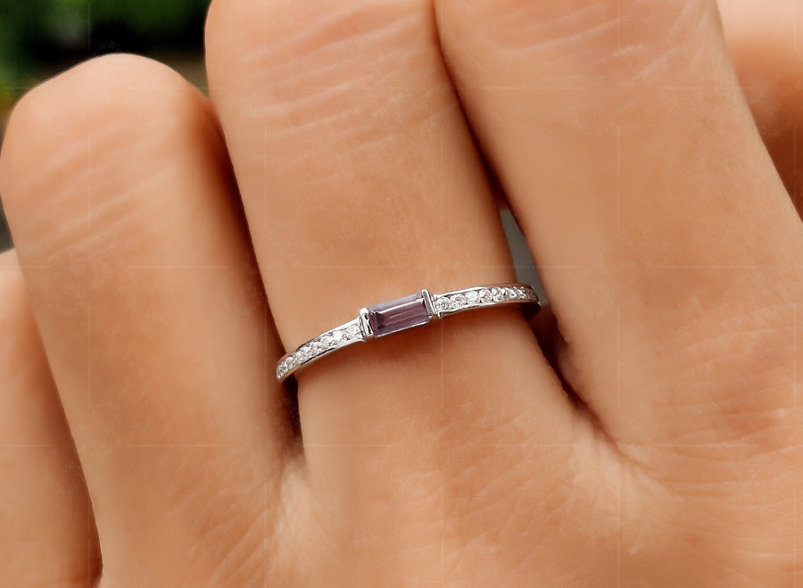 Elegant Baguette Stacking Ring - Alexandrite Birthstone Beauty - Dainty Stackable Ring, a Minimalist Birthstone Ring and Thoughtful Anniversary Gift for Mom