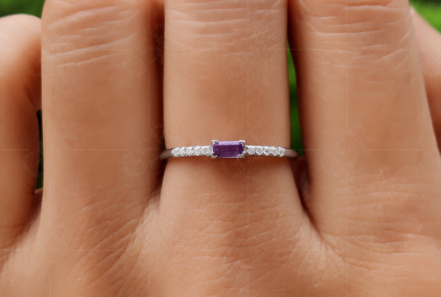 Amethyst Baguette Birthstone Ring - Purple Stone Ring For Mom - Dainty Stacking Ring For Women - February Gemstone Minimalist Ring