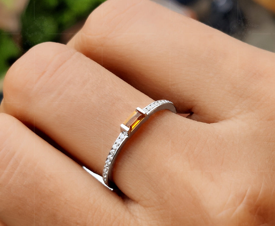 Sunny Glow: Citrine November Birthstone Ring for Women - Yellow Gemstone Baguette Ring, Dainty Personalized Stackable Ring, Minimalist Jewelry