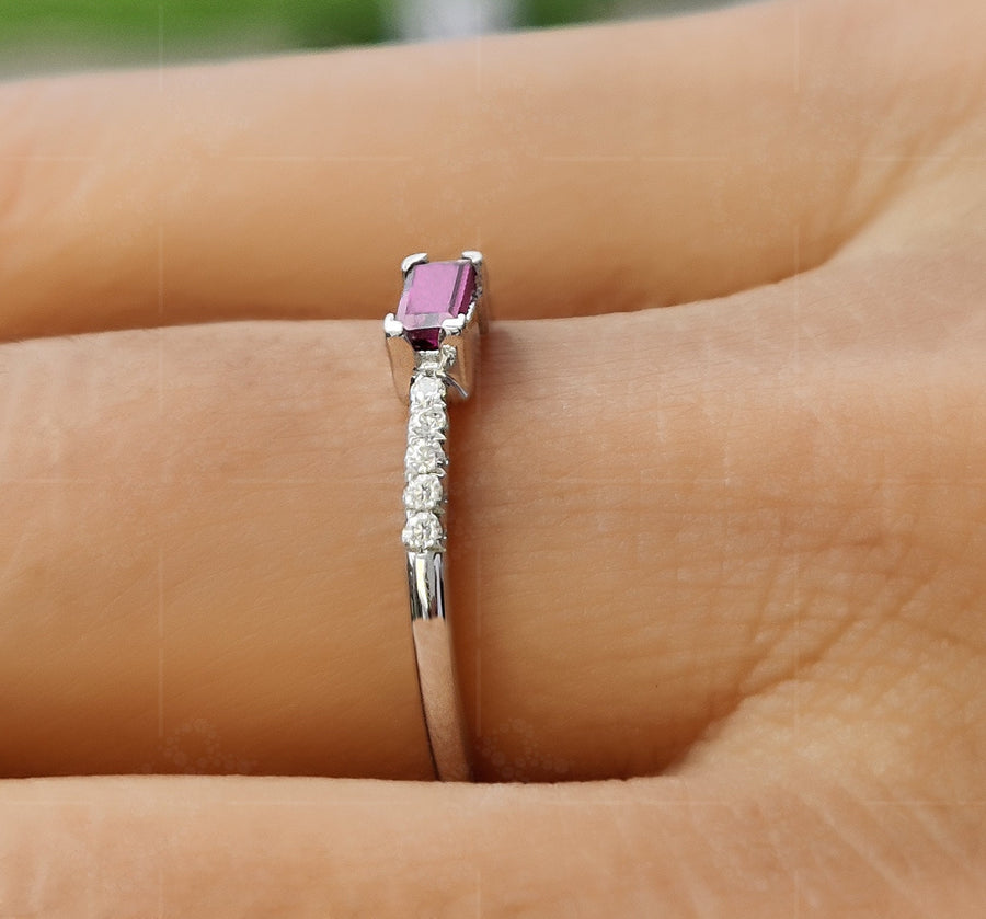 Elegant Rhodolite Garnet Baguette Ring - Stackable Birthstone Rings for Mom - Dainty Gold Stacking Ring - Women's Minimalist Delight - Thin Delicate Ring