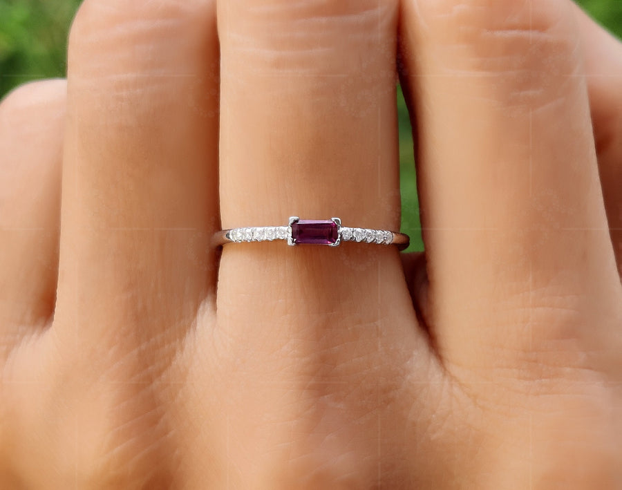 Elegant Rhodolite Garnet Baguette Ring - Stackable Birthstone Rings for Mom - Dainty Gold Stacking Ring - Women's Minimalist Delight - Thin Delicate Ring