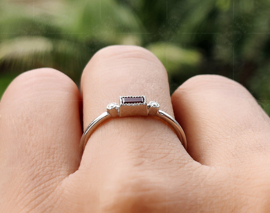 January Birthstone Beauty: Dainty Baguette Garnet Stacking Ring for Mom