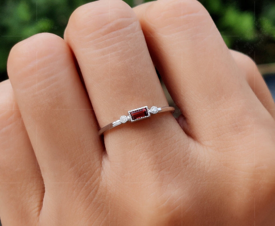 January Birthstone Beauty: Dainty Baguette Garnet Stacking Ring for Mom