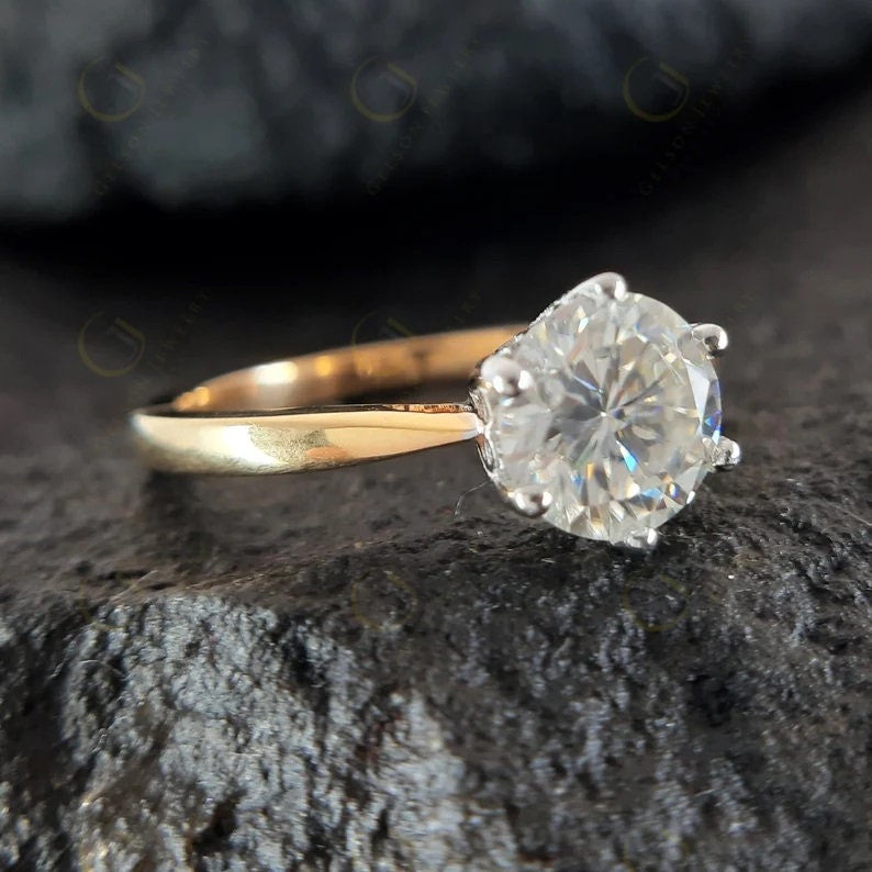 Round Cut Moissanite Solitaire Ring, Two Tone Engagement Ring, Promise Rings For Women, White & Yellow Gold Ring, Unique Style Ring