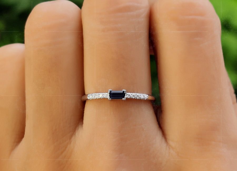 Elegant Sapphire Baguette Ring - Dainty September Birthstone Stacking Beauty - Minimalist Rings for Women - Anniversary Ring for Mom