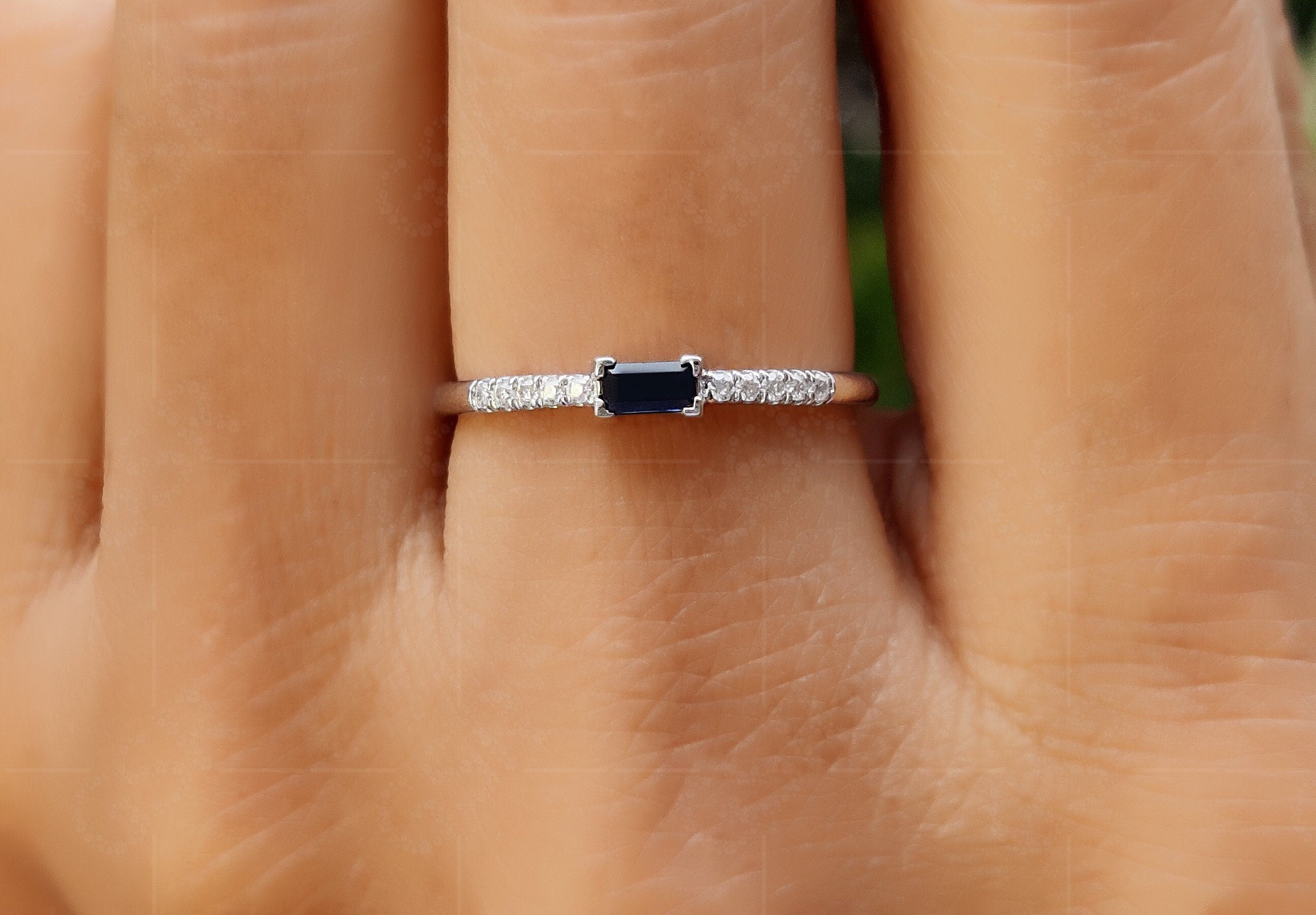 Elegant Sapphire Baguette Ring - Dainty September Birthstone Stacking Beauty - Minimalist Rings for Women - Anniversary Ring for Mom